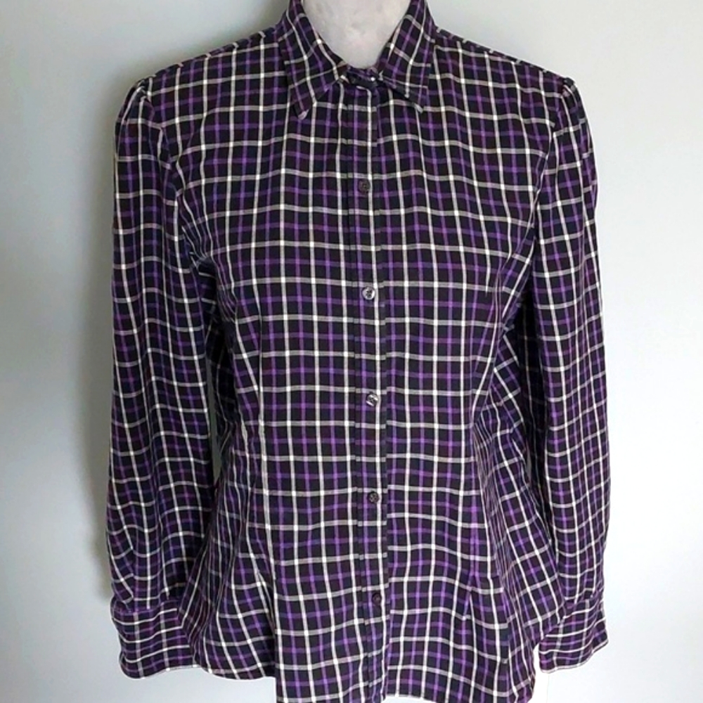 Chaps fitted cotton twill blouse, purple, white, black plaid, size XL